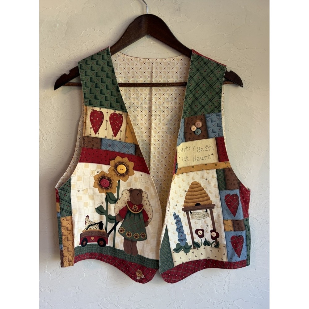 Vintage 90s Novelty Vest L XL Cottagecore Teddy Bear Bee Button Heart Country